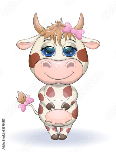 Cute cartoon cow with a bow on the tail with beautiful blue eyes. Children's illustration