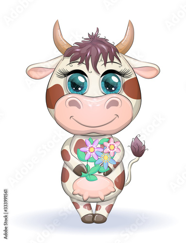 Cute cartoon cow with a bouquet of flowers with beautiful blue eyes. Children's illustration