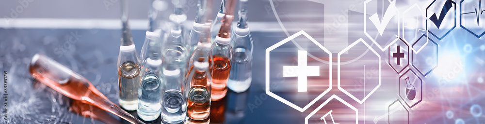 Test tubes with drugs and tests to test the victims and treat the infected. Ampoules with medicines. Set of test tubes with medicine.