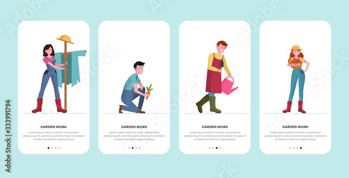 Garden work set. Men and women gathering harvest, watering plants, picking apple flat vector illustration. Farming, agriculture, orchards concept for banner, website design or landing web page