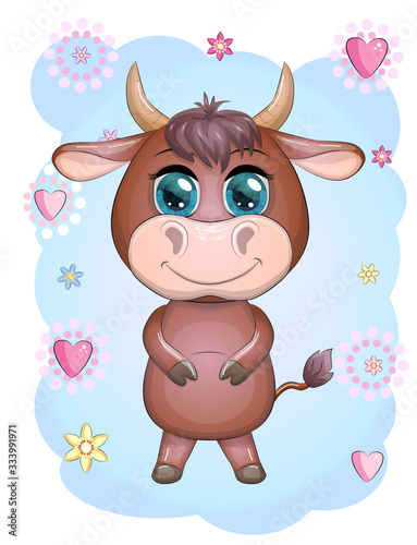 Dekoracja na wymiar  a-cute-cartoon-bull-standing-with-a-smile-with-beautiful-blue-eyes-among-the-flowers-children-s-illustration