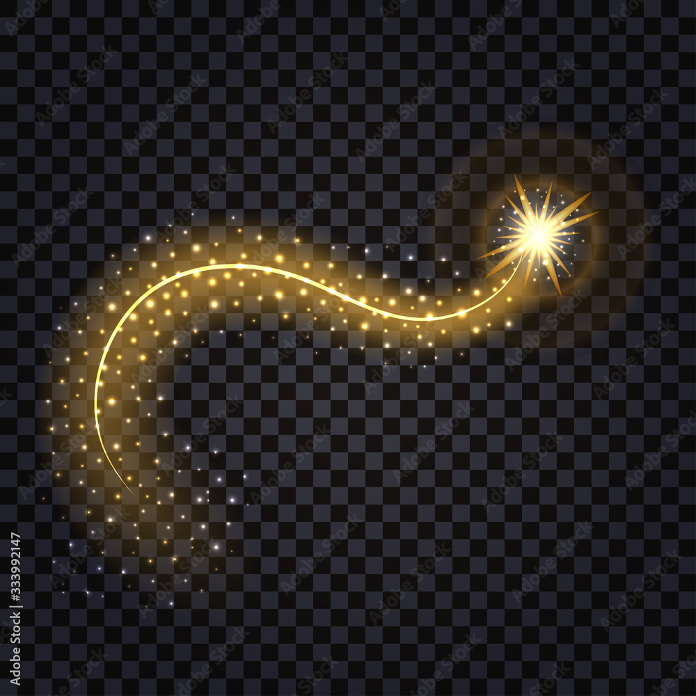 Golden wave with light glowing effect. Shiny star with swirl trail and glitter, isolated design element  on transparent background. Vector illustration