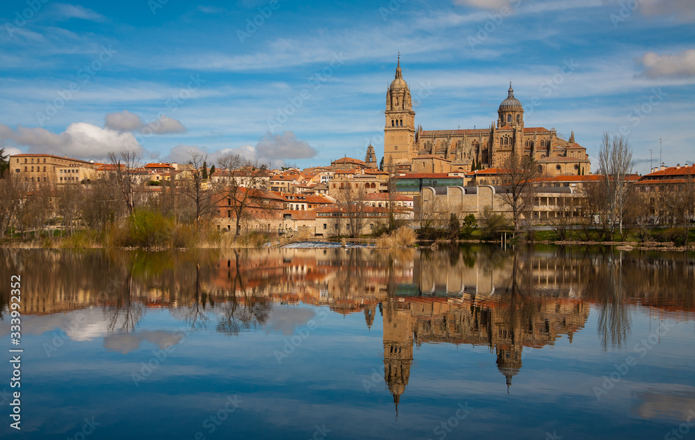View of the city of Salamanca and its Cathedral reflected in the calm waters of the Tormes river