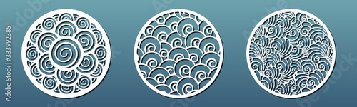 Laser cut template. Circular panel pattern for cnc cutting with abstract geometric pattern with spiral swirls and sea shells. For wall decor art, coaster design, paper or fretworkl.  Vector