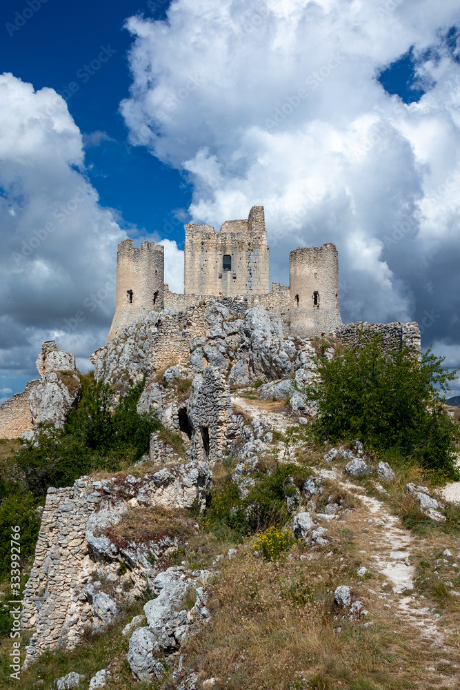 The famous medieval fortress of Rocca Calascio in a sunny day. Abruzzo, Italy.