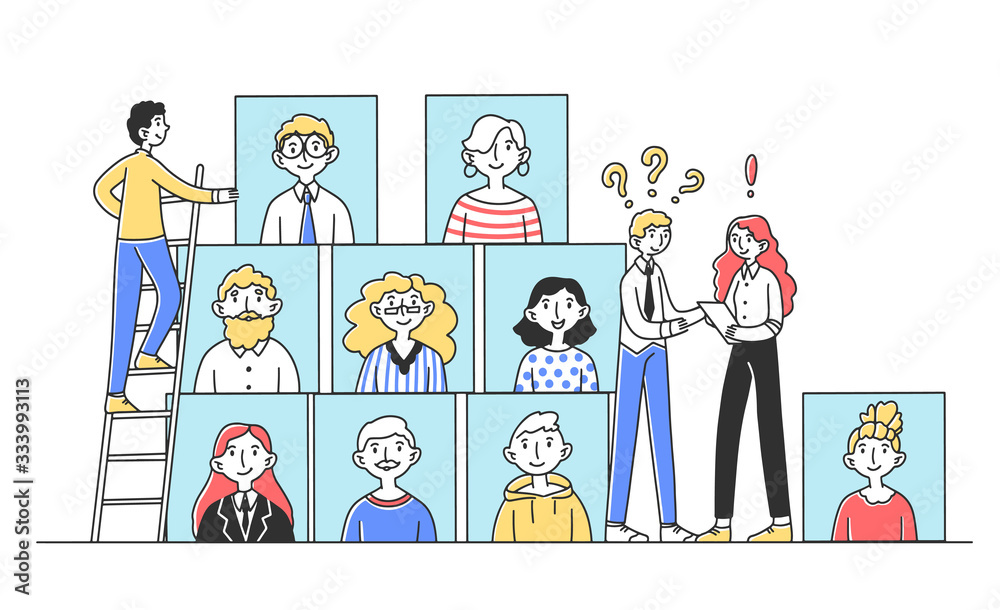 HR managers looking for talented people for job flat vector illustration. Client asking company employee questions. Communication, interview and business concept HR managers looking for talented people for job flat vector illustration. Client asking company employee questions. Communication, interview and business concept