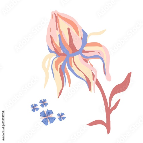 Stylized motif flower isolated on the white background. Bud of Peony. Vector illustration for greeting, wedding, floral design. Ornate. Indigo, Orange, Yellow, Peach, blue color