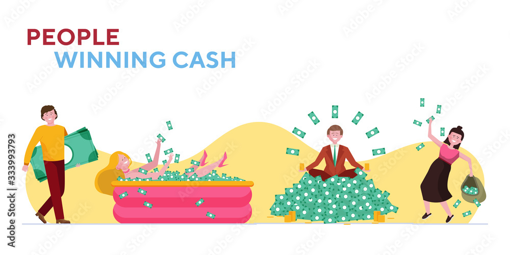 People winning cash prize set. Heap of money, bath with dollars, sack of banknotes flat vector illustration. Wealth, income, profit concept for banner, website design or landing web page People winning cash prize set. Heap of money, bath with dollars, sack of banknotes flat vector illustration. Wealth, income, profit concept for banner, website design or landing web page