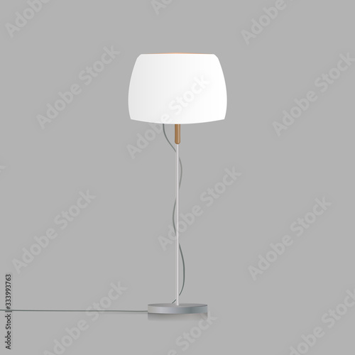 Decorative floor lamp tripod. Original model with a white silk lampshade and a metal leg. For living room, bedroom, study and office. Vector illustration on a gray background.