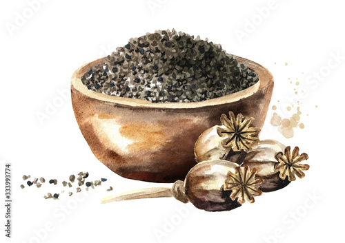 Bowl with poppy seeds, Dry heads. Hand drawn watercolor illustration,  isolated on white background