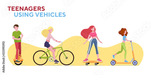 Teenagers using urban vehicles set. Young people riding scooter, bike, skateboarding flat vector illustration. Leisure, activity, eco transport concept for banner, website design or landing web page