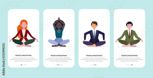 People meditating set. Men and women sitting in lotus pose, making zen gesture flat vector illustration. Yoga, stress relief, recreation concept for banner, website design or landing web page