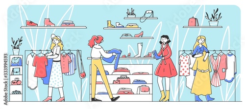 Happy female customers choosing clothes at fashion store flat vector illustration. Girls taking apparel from hanger and buying garment. Retail and style concept