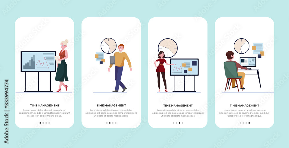 Time management set. Managers presenting reports, analyzing graphs near clock flat vector illustration. Office schedule, deadline concept for banner, website design or landing web page