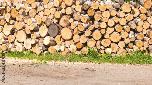 covered wooden logs stacked near road outdoor