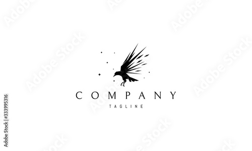 Vector logo on which an abstract image of a flying raven with sharp wings.