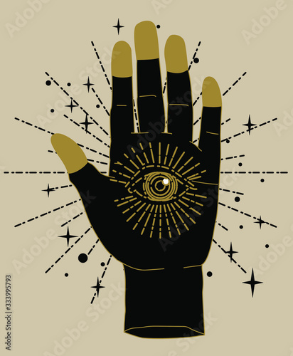 The Hand of the Philosopher, Palm with The Eye of Providence. Vector illustration for tattoo design or fashion print in simple line art style.