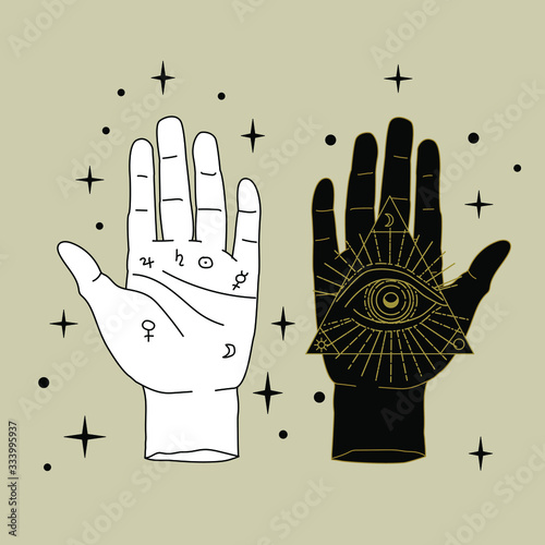 The Hand of the Philosopher, Palm with The Eye of Providence. Vector illustration for tattoo design or fashion print in simple line art style.