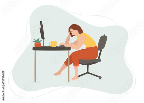 Young tired woman works at home at the table. Girl sitting on a chair barefoot. Colorful vector hand drawn illustration on abstract light blue cloud. Remote work and freelance concept. photo
