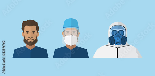 Set of doctors with different protection against the virus. The fight against coronovirus. Coronavirus (2019-nCoV). Virus Covid 19-NCP.