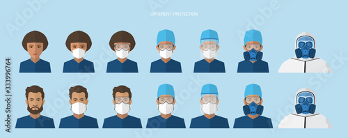 Set of doctors with different protection against the virus. The fight against coronovirus. Coronavirus (2019-nCoV). Virus Covid 19-NCP.