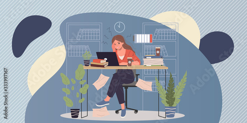 Hard office work with overload vector illustration. Young frustrated woman sitting at office with depression. Professional and emotional burnout concept.