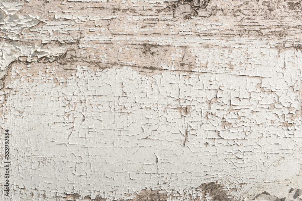 Fototapeta premium Texture of wood panel with old peeling cracked weathered white paint close up with cracks and scratches. Background abstract pattern as background for your design with copy space and place for text