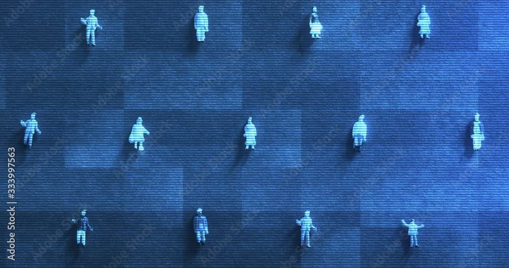 Zoom on minature people with glitch and RGB noise. Concept for monitoring people on pandemic COVID-19 social distancing issue. Recognize and tracking people on social network GPS. Privacy leak