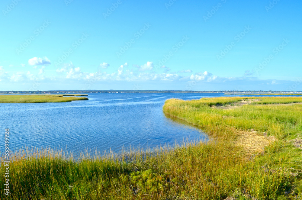 A small cove off of Moriches Bay is protected by the embrace of marshland. Westhampton Beach, Long island, NY. Copy space.
