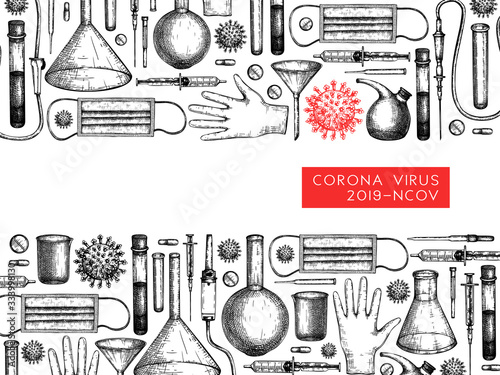 Corona virus research and prevention methods. Coronavirus hand drawn design template. New epidemic (COVID-19). Vector banner with laboratory equipment, medicinal tools, realistic virus drawings