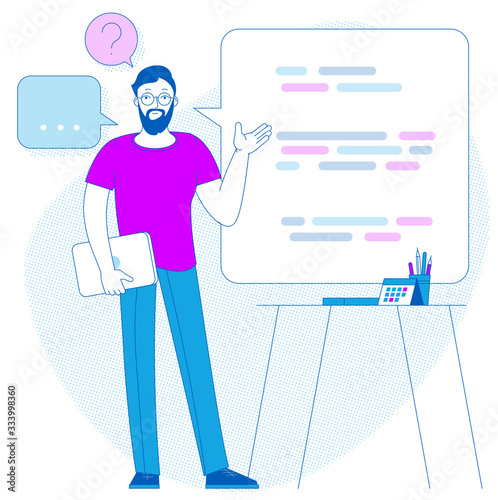 Flat design business report presentation infographic vector concept. Office spokesman meeting room report business collaboration teamwork brainstorming.