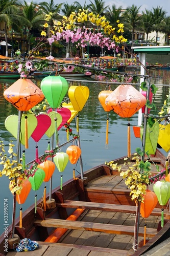 colorful lantern boats on thu bon river