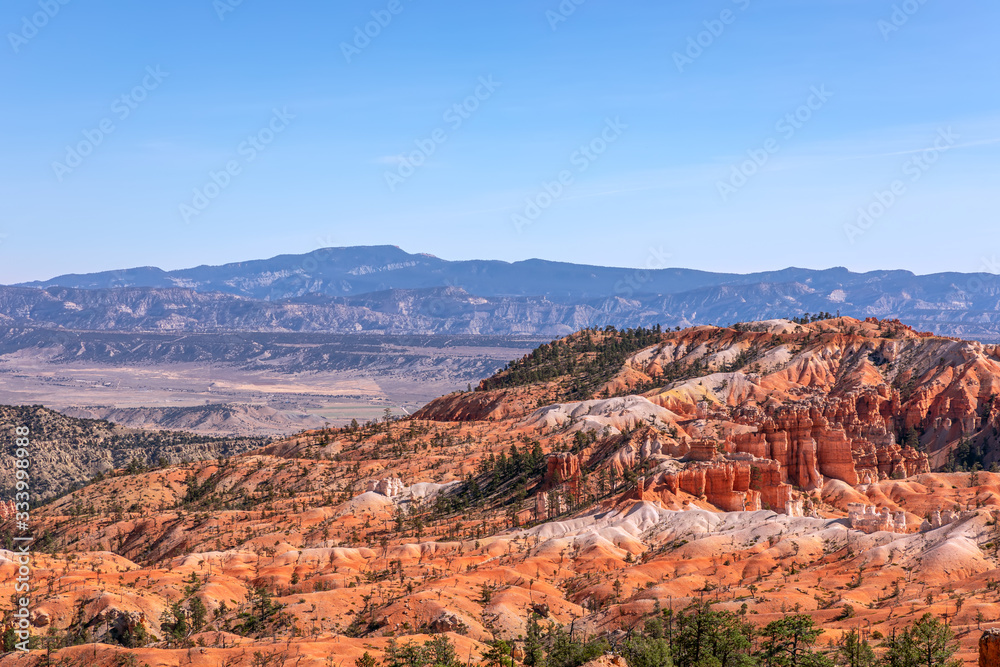 Panoramic view of amazing hoodoos sandstone formations in scenic Bryce Canyon National Parkon on a sunny day. Utah, USA