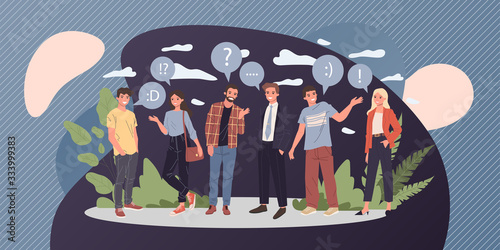 Group of young people talking vector illustration. Social networks, dialog and conversation concept. Men and women asking, answering questions with speech bubbles