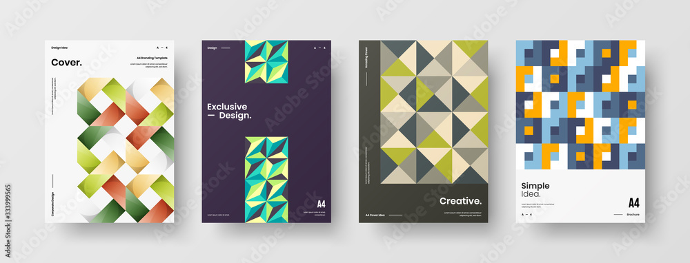 Business presentation vector A4 vertical orientation front page mock up set. Corporate report cover abstract geometric illustration design layout bundle. Company identity brochure template collection.