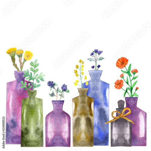 Watercolor hand painted nature spa floral composition with purple  blue and green glass bottles and herbal calendula  lavender  oregano  coltsfoot  wormwood  acacia blossom flowers plants