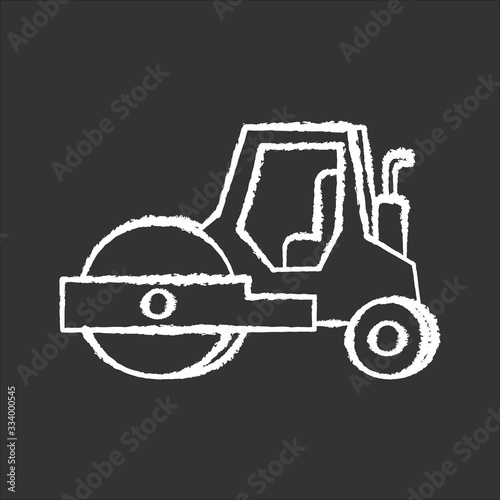 Road roller chalk white icon on black background. Compactor type vehicle for construction works. Roadworks transportation. Heavy machinery for paving. Isolated vector chalkboard illustration