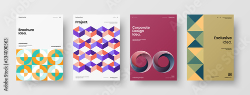 Business presentation vector A4 vertical orientation front page mock up set. Corporate report cover abstract geometric illustration design layout bundle. Company identity brochure template collection.