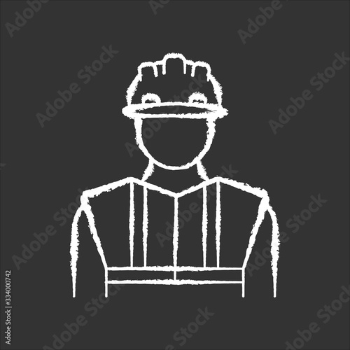 Worker in uniform chalk white icon on black background. Construction builder in hardhat. Safety helmet on male repairman. Professional foreman and engineer. Isolated vector chalkboard illustration