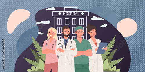 Hospital doctor staff. Physician, practitioner with stethoscope, surgeon flat vector illustration. Healthcare, medicine, clinic, occupation concept for banner, website design or landing web page