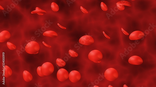 Red blood cells in vein 3D illustration. Blood cells in an artery, flow inside body, medical human health-care. Human vein under microscope.