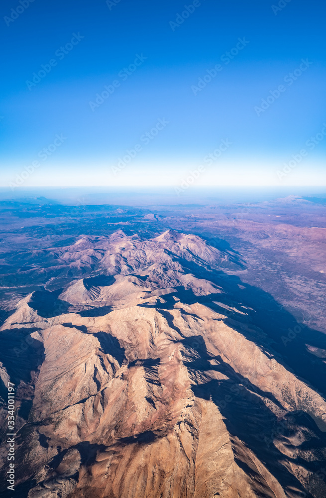 Mountains and hills of Turkey. Aerial view at during sunrise.