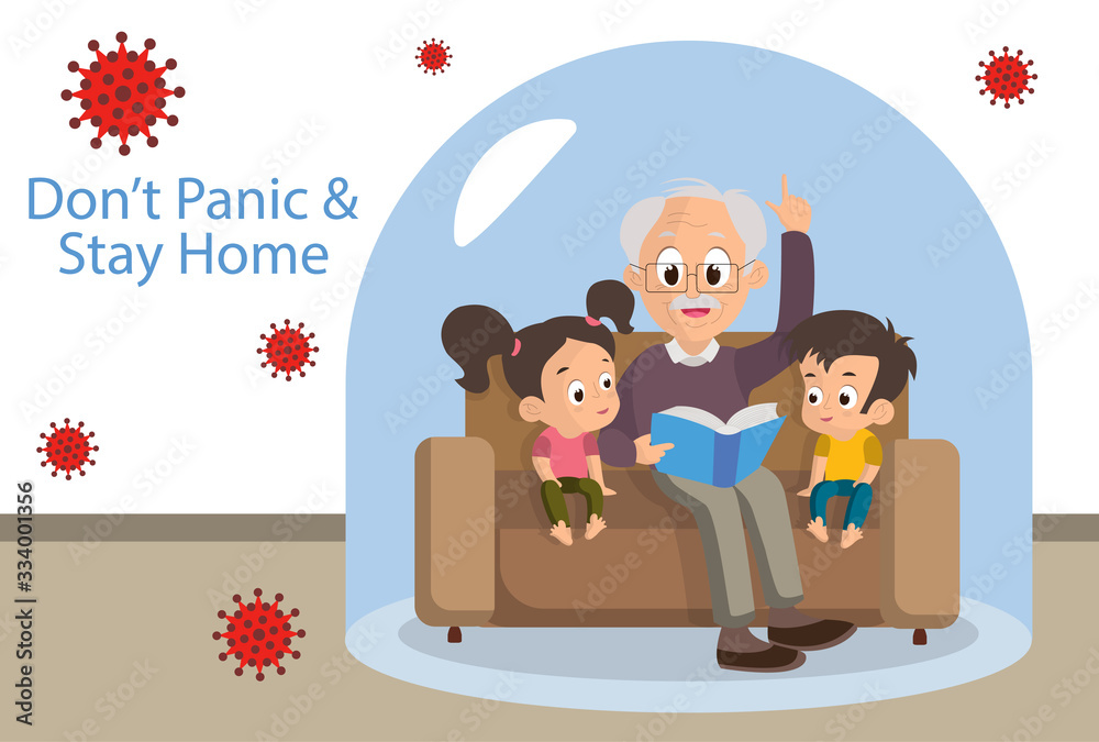 Staying home with self quarantine. Grandfather reads a book grandchildren under a glass cap. Coronavirus outbreak. Virus Staying home with self quarantine. Grandfather reads a book grandchildren under a glass cap. Coronavirus outbreak. Virus