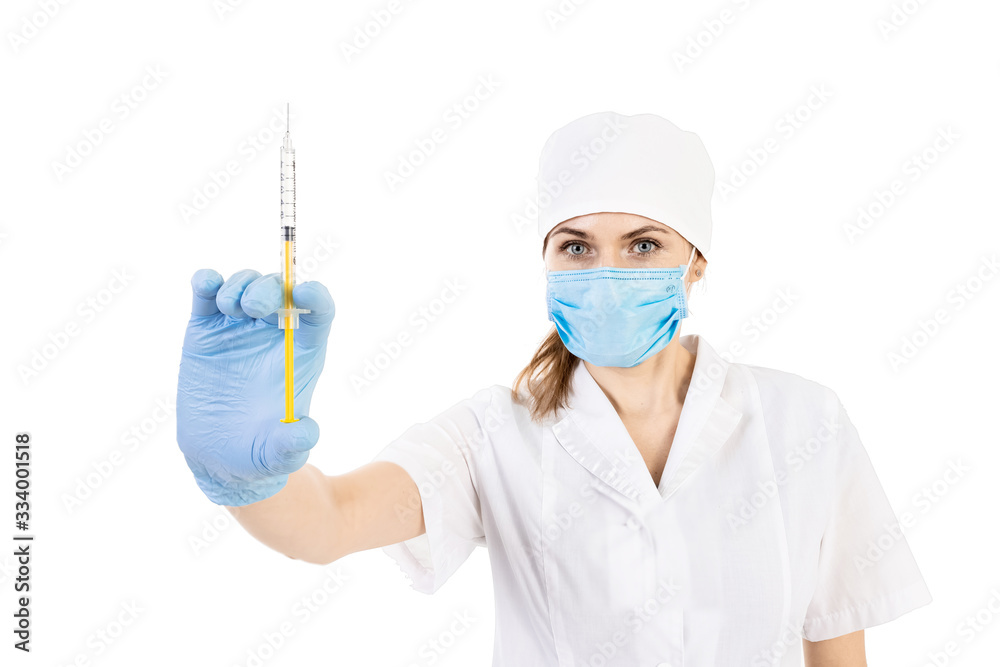 Pretty female doctor wearing white medical robe and holding syringe, health care and pharmacology concept, girl on white uniform. Pretty female doctor wearing white medical robe and holding syringe, health care and pharmacology concept, girl on white uniform.