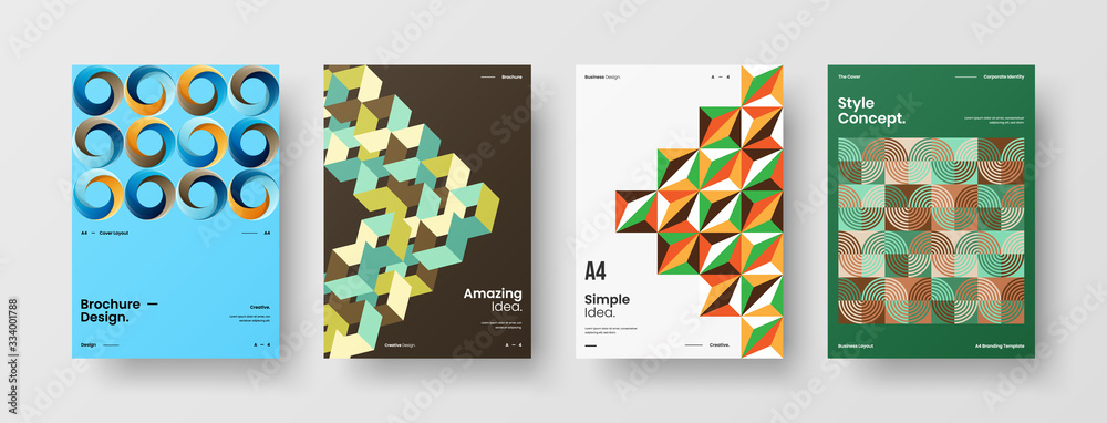 Fototapeta premium Business presentation vector A4 vertical orientation front page mock up set. Corporate report cover abstract geometric illustration design layout bundle. Company identity brochure template collection.