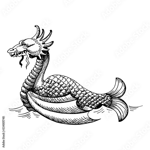 Mythological vintage sea monster. Fragment design of old pirate geographical map