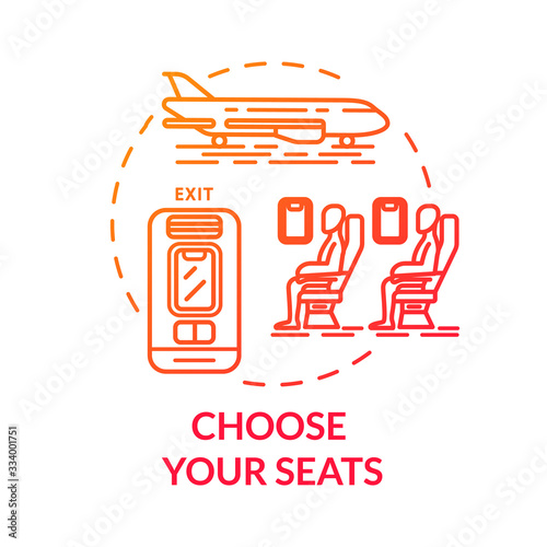 Choose your seats concept icon. Airplane tickets booking idea thin line illustration. Passenger transport chairs map. Traveling by plane. Vector isolated outline RGB color drawing