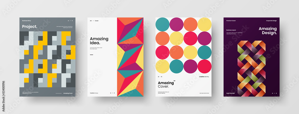 Business presentation vector A4 vertical orientation front page mock up set. Corporate report cover abstract geometric illustration design layout bundle. Company identity brochure template collection. Business presentation vector A4 vertical orientation front page mock up set. Corporate report cover abstract geometric illustration design layout bundle. Company identity brochure template collection.