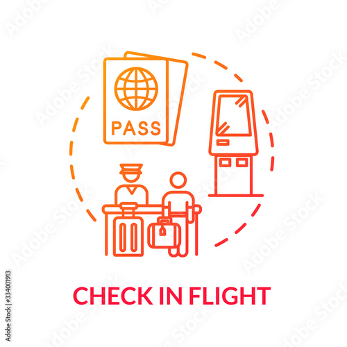 Check in flight concept icon. Passengers passport control and boarding idea thin line illustration. Airport terminal security. Ticket check. Vector isolated outline RGB color drawing