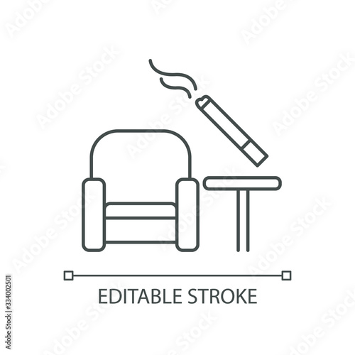 Smoking area pixel perfect linear icon. Comfort zone at airport terminal for smokers. Thin line customizable illustration. Contour symbol. Vector isolated outline drawing. Editable stroke